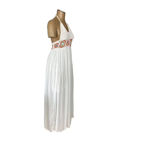 Earthbound BOHO Beachy White Halter Midi/Maxi Dress Crochet & Gauze 266A - Picture 2 of 8